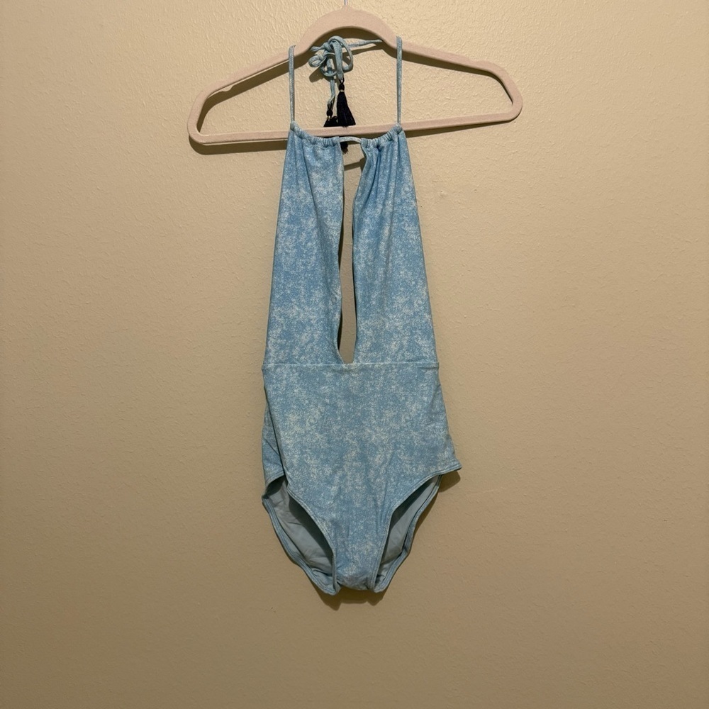 Aerie Light Blue Deep V One Piece Swimsuit